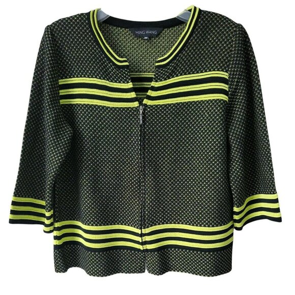 Ming Wang Zip Front Cardigan Jacket Black Green Trim Knit 3/4 Sleeve Petite M - Picture 1 of 12